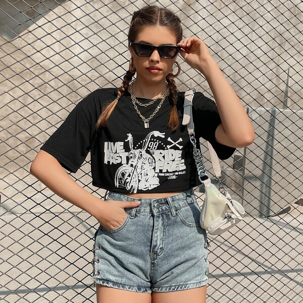 

Motorcycle And Letter Graphic Crop Tee, Black