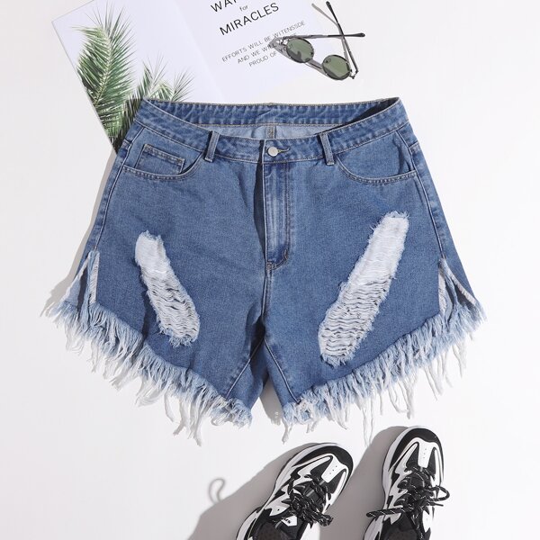

Plus Ripped Raw Hem Denim Shorts, Medium wash