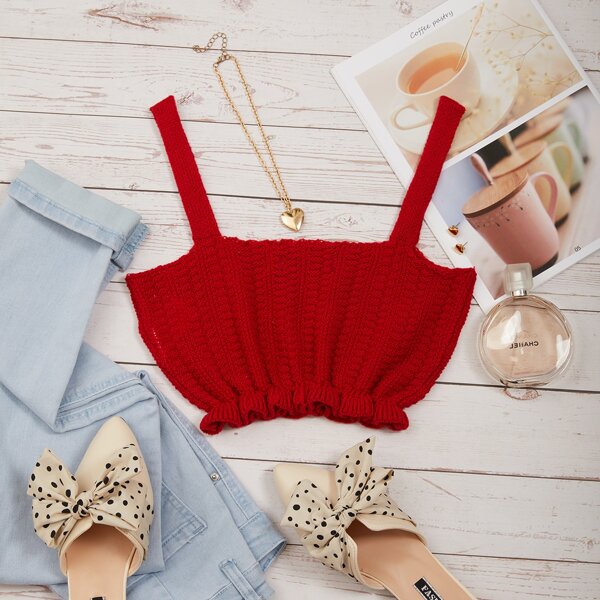 

Ruffle Hem Knit Cami Top, Red