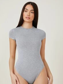 SHEIN BASICS Áo liền quần chặt màu trơn Cơ bản - Màu Xám nhạt - Xem 3