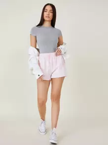 SHEIN BASICS Áo liền quần chặt màu trơn Cơ bản - Màu Xám nhạt - Xem 4