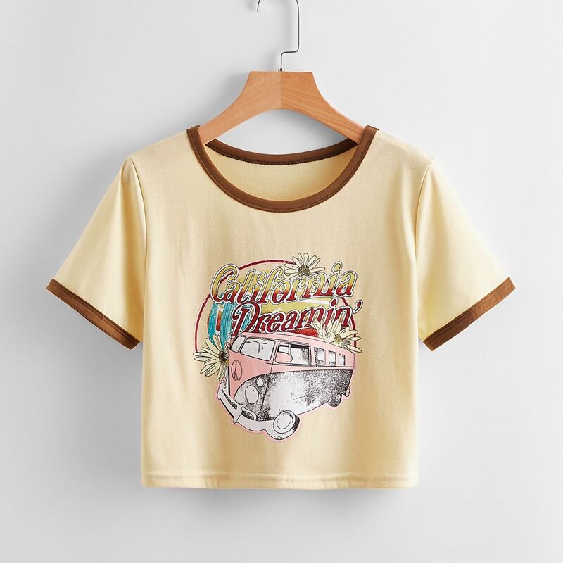 

Letter Car & Flower Graphic Ringer Tee, Beige