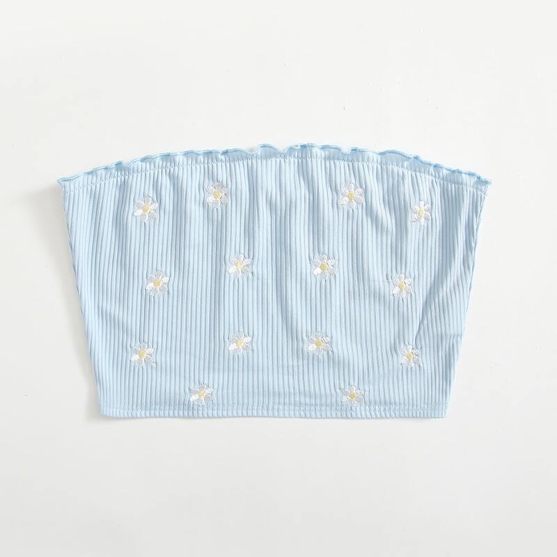 

Floral Embroidery Crop Tube Top, Baby blue