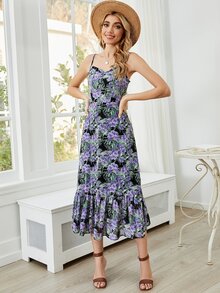 花卉荷葉邊下擺吊帶洋裝 - 彩色 - 查看 4