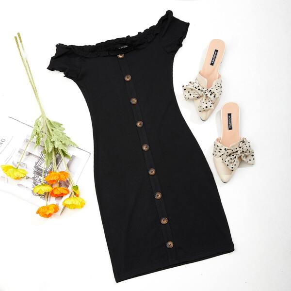 

Off Shoulder Button Up Dress, Black