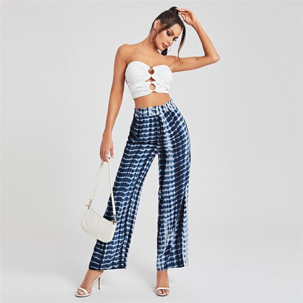 

Shirred Waist Tie Dye Wide Leg Pants, Blue and white