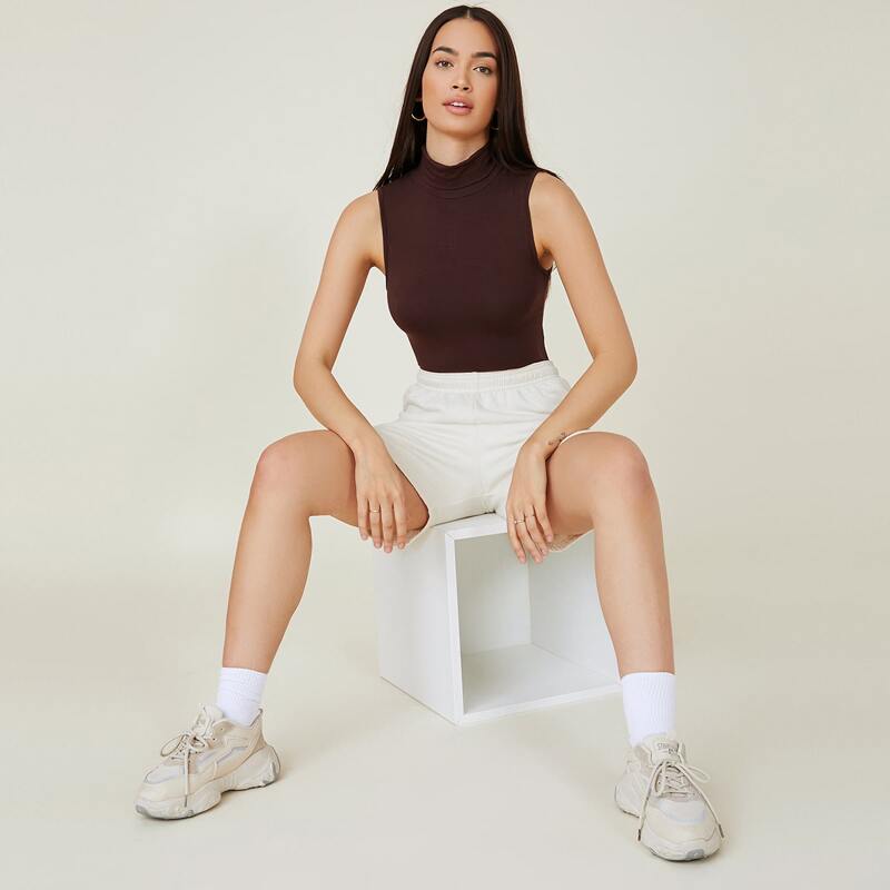 

High Neck Solid Tank Bodysuit, Chocolate brown