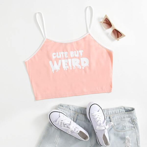 

Plus Slogan Graphic Crop Cami Top, Baby pink