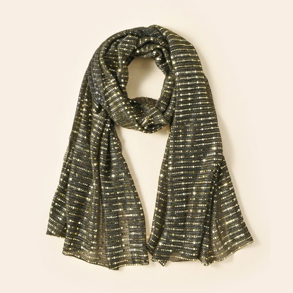 

Sequins Decor Pleated Mesh Scarf, Black