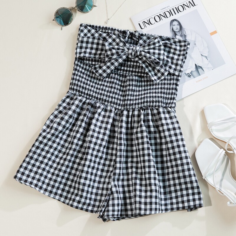 

Tie Front Shirred Tube Romper, Black and white