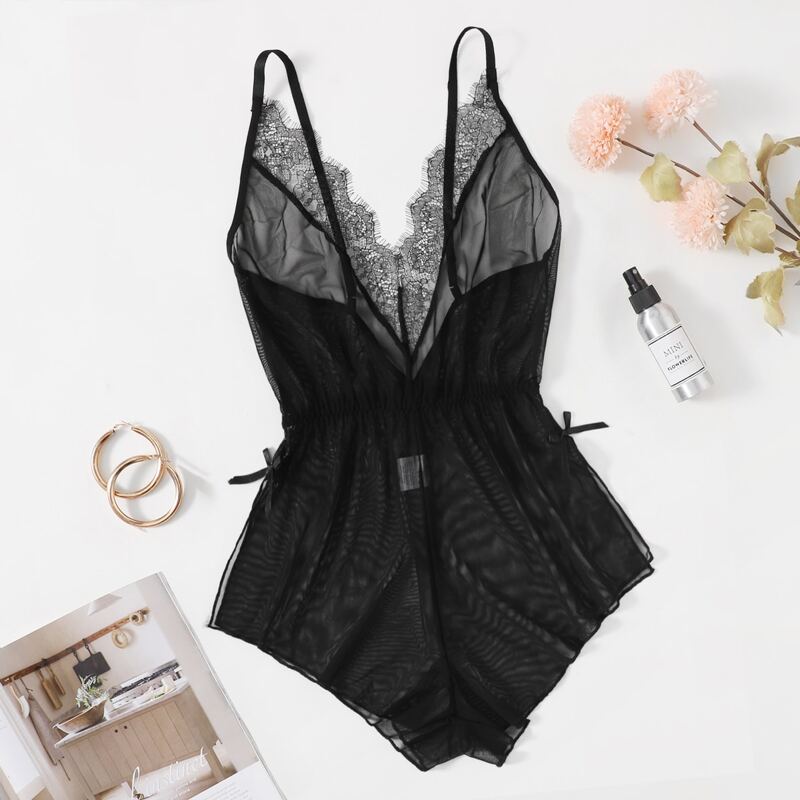 

Eyelash Lace Cami Teddy Bodysuit, Black