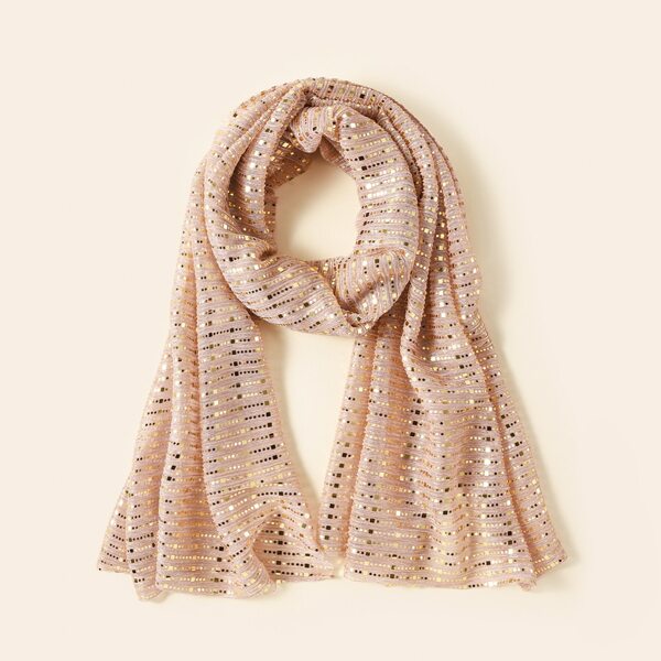 

Sequins Decor Pleated Mesh Scarf, Khaki