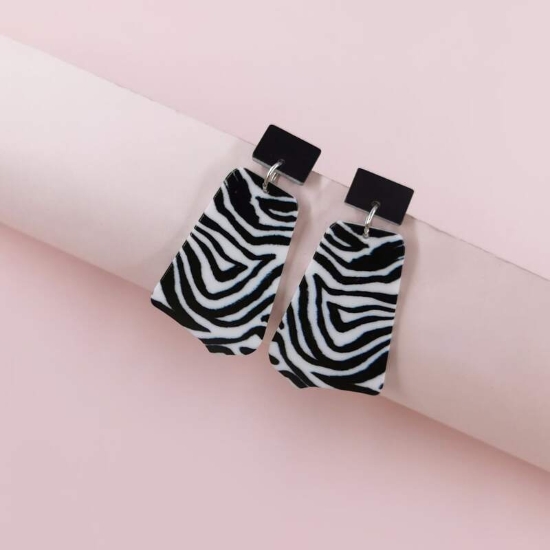 

Zebra Striped Geometric Drop Earrings, Black and white