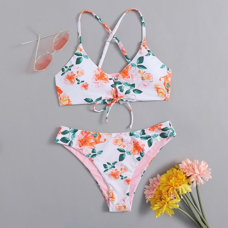 

Flower Pattern Criss Cross Bikini Swimsuit, Multicolor