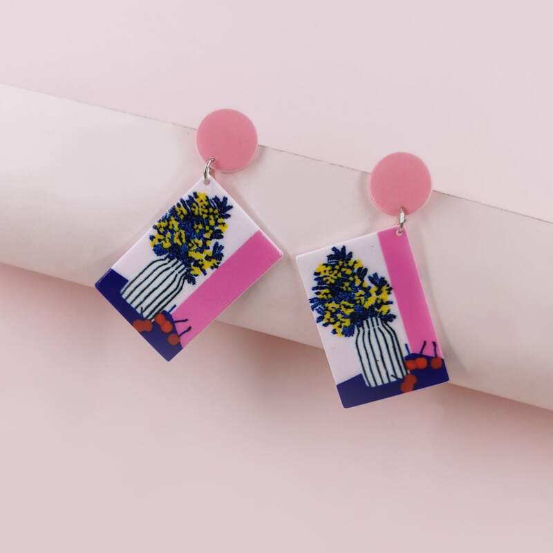 

Flower Print Geometric Drop Earrings, Multicolor
