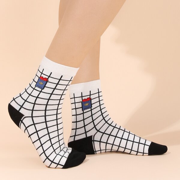 

Plaid Print Socks, White