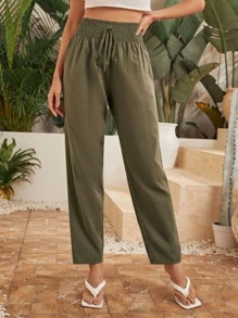 SHEIN LUNE Shirred Knot Waist Solid Pants - Army Green - View 1
