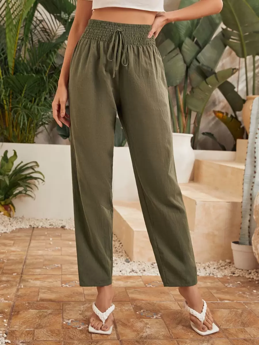 SHEIN LUNE Shirred Knot Waist Solid Pants - Army Green - View 1