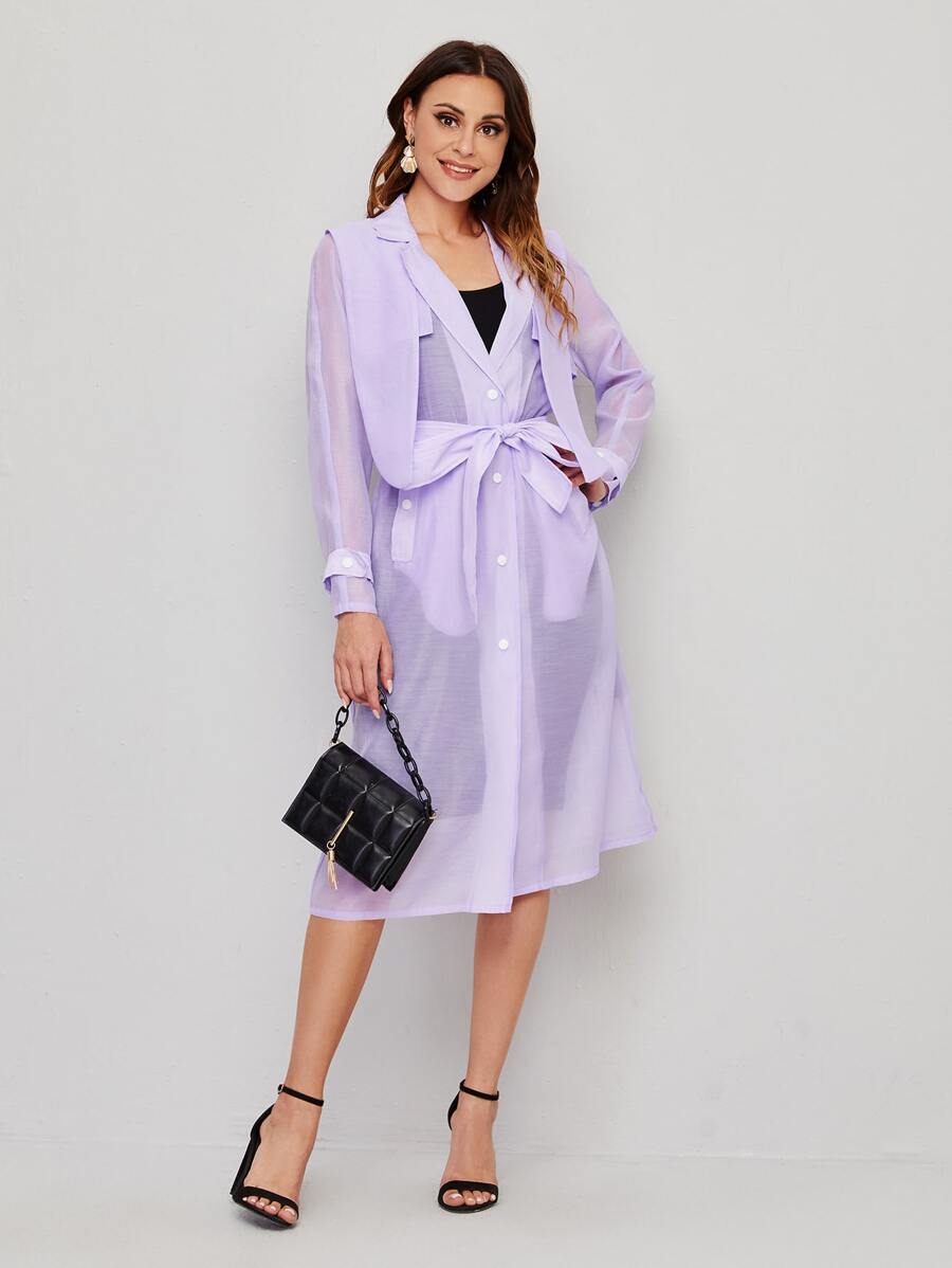 Mulvari Lapel Collar Sheer Mesh Belted Coat With Hoodie - Lilac Purple - View 1