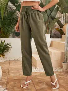 SHEIN LUNE Shirred Knot Waist Solid Pants - Army Green - View 3