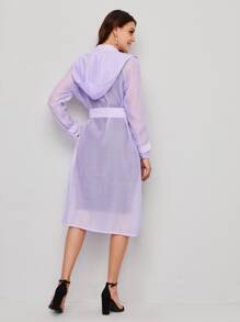Mulvari Lapel Collar Sheer Mesh Belted Coat With Hoodie - Lilac Purple - View 2