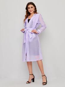 Mulvari Lapel Collar Sheer Mesh Belted Coat With Hoodie - Lilac Purple - View 3