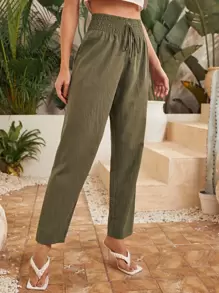 SHEIN LUNE Shirred Knot Waist Solid Pants - Army Green - View 5