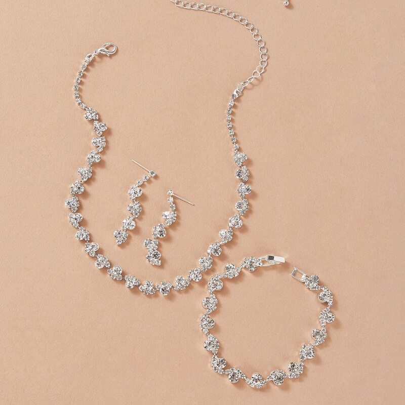

4pcs Rhinestone Decor Jewelry Set, Silver