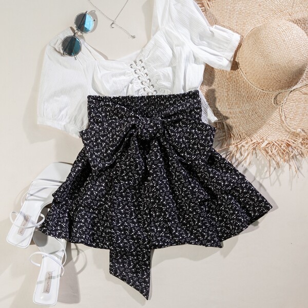 

Ditsy Floral Shirred Tie Front Skirt, Black