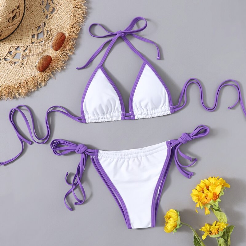 

Ringer Halter Tie Side Bikini Swimsuit, Multicolor