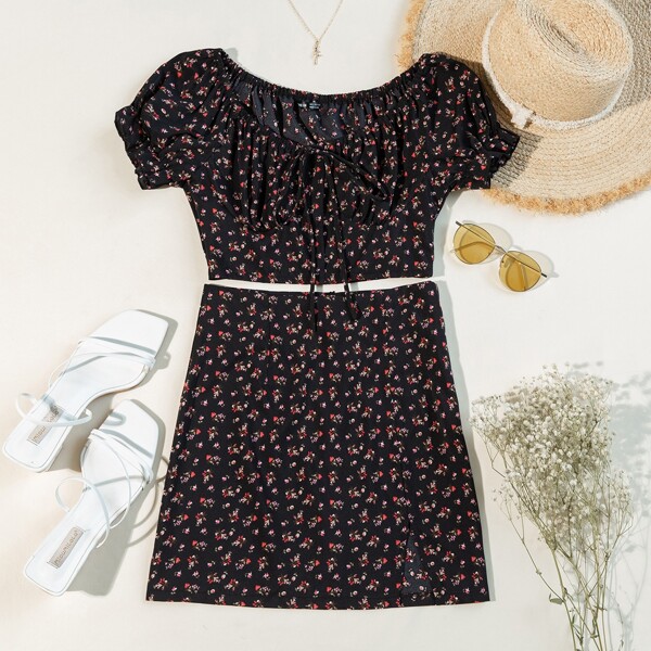 

Ditsy Floral Knot Detail Top & Skirt Set, Black