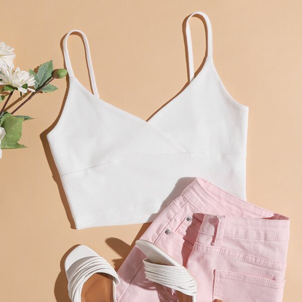 

Solid Rib-knit Crop Cami Top, White
