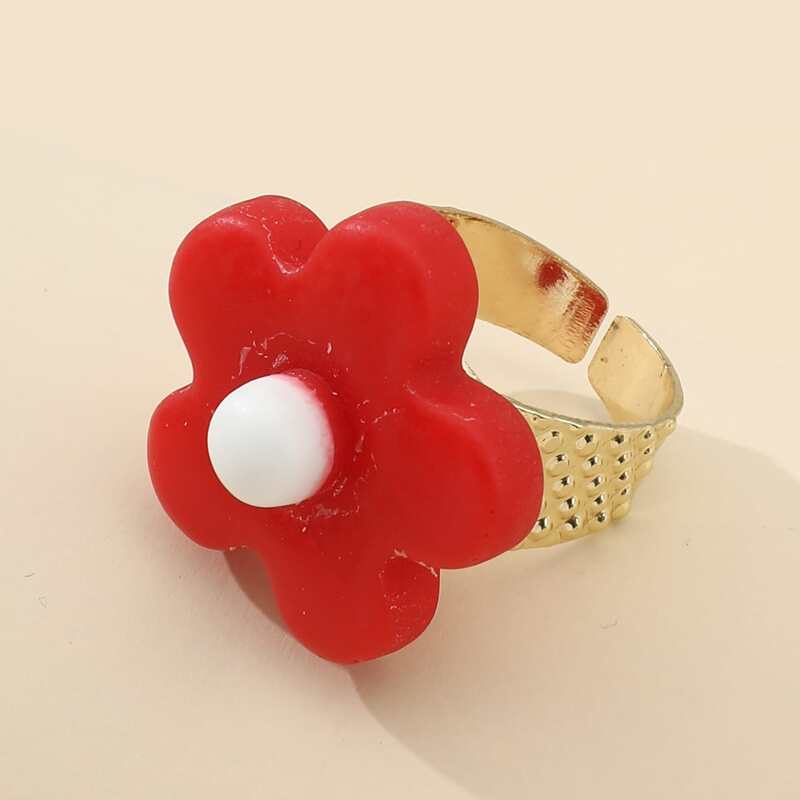 

Flower Decor Cuff Ring, Red