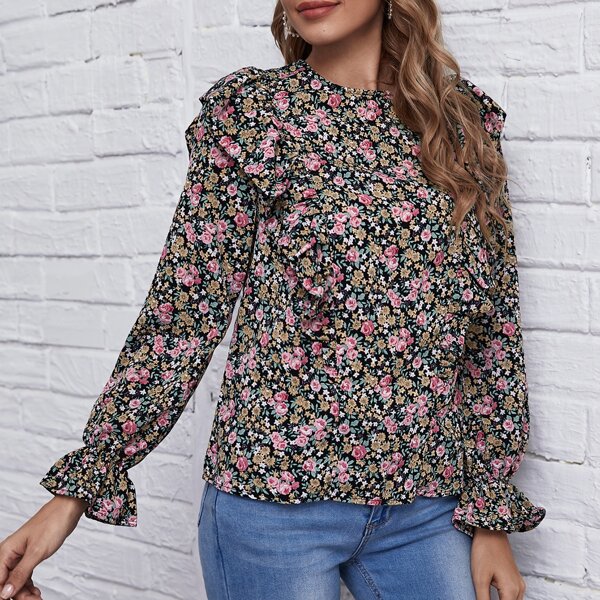 

Ruffle Trim Floral Top, Multicolor