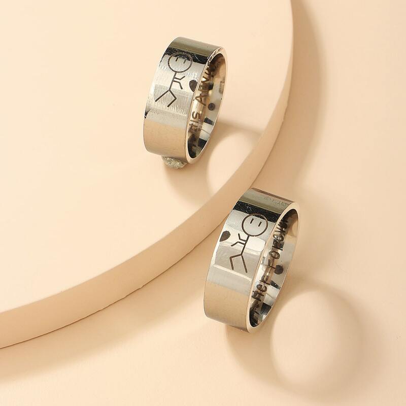 

2pcs Couple Letter Design Ring, Silver