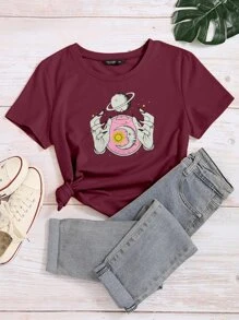 Camiseta de manga corta con estampado de dibujo - Granate - Ver 1