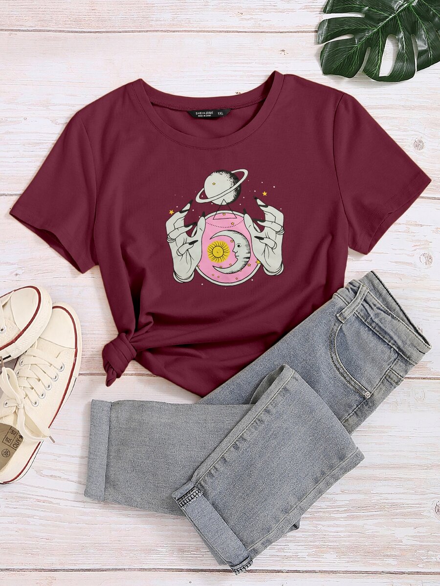 Camiseta de manga corta con estampado de dibujo - Granate - Ver 1