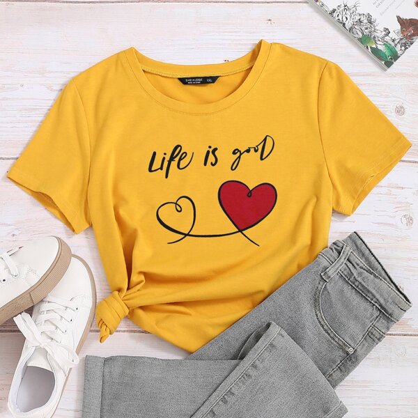 

Plus Slogan & Heart Print Tee, Yellow