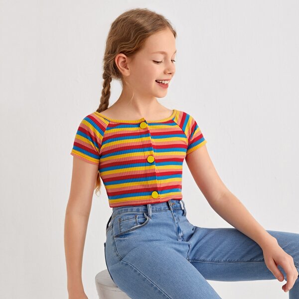 

Girls Rainbow Striped Button Placket Crop Top, Multicolor