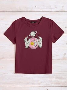 Camiseta de manga corta con estampado de dibujo - Granate - Ver 5