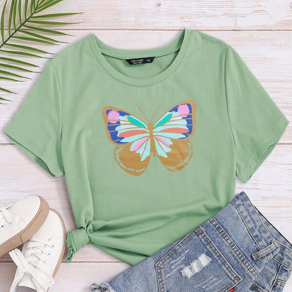 

Plus Butterfly Print Short Sleeve Tee, Mint green