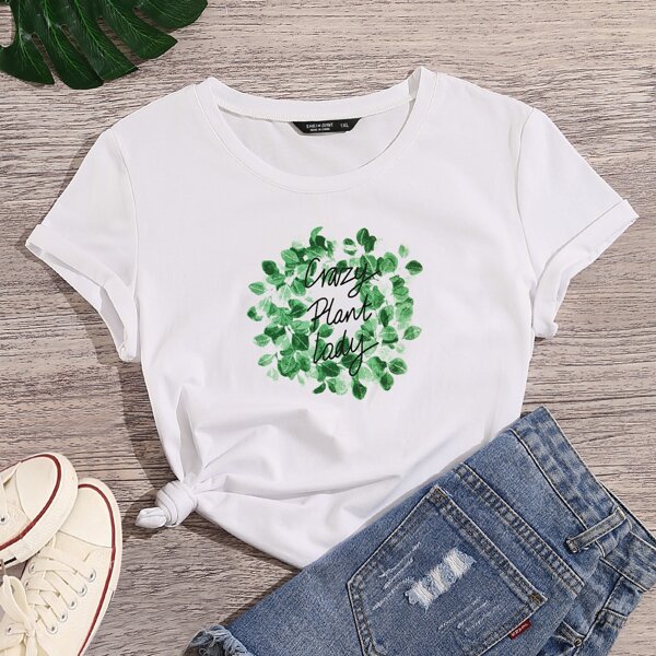 

Plus Slogan & Plants Print Short Sleeve Tee, White