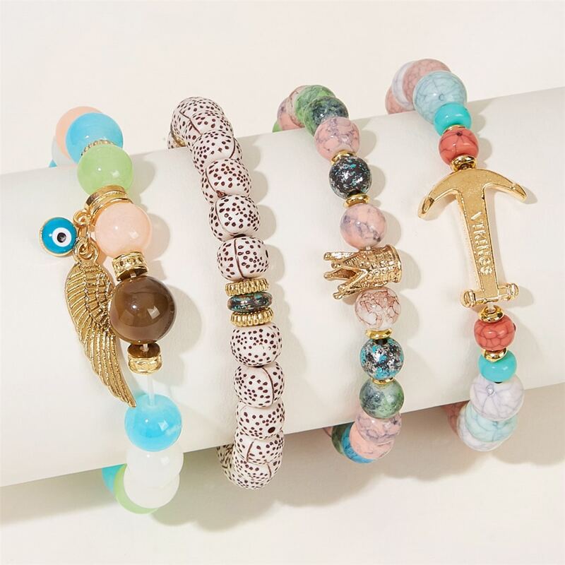 

4pcs Anchor & Wing Decor Beaded Bracelet, Gold