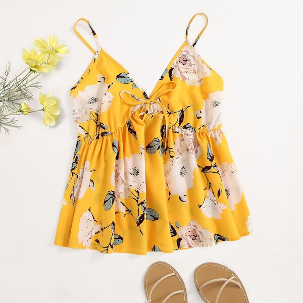 

Plus Floral Tie Front Shirred Back Chiffon Cami Top, Yellow