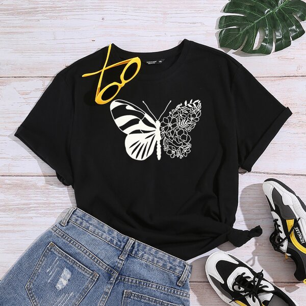 

Plus Butterfly And Floral Print Tee, Black