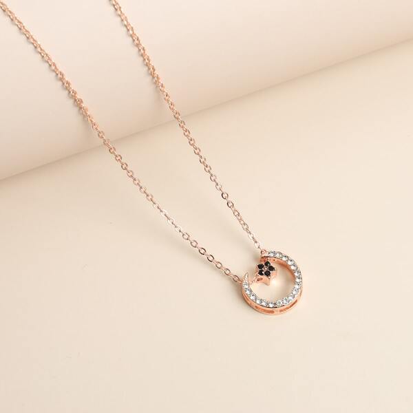 

Rhinestone Moon Charm Necklace, Rose gold