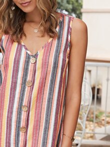 SHEIN V-neck Button Front Striped Colourblock Dress - Multicolor - View 4