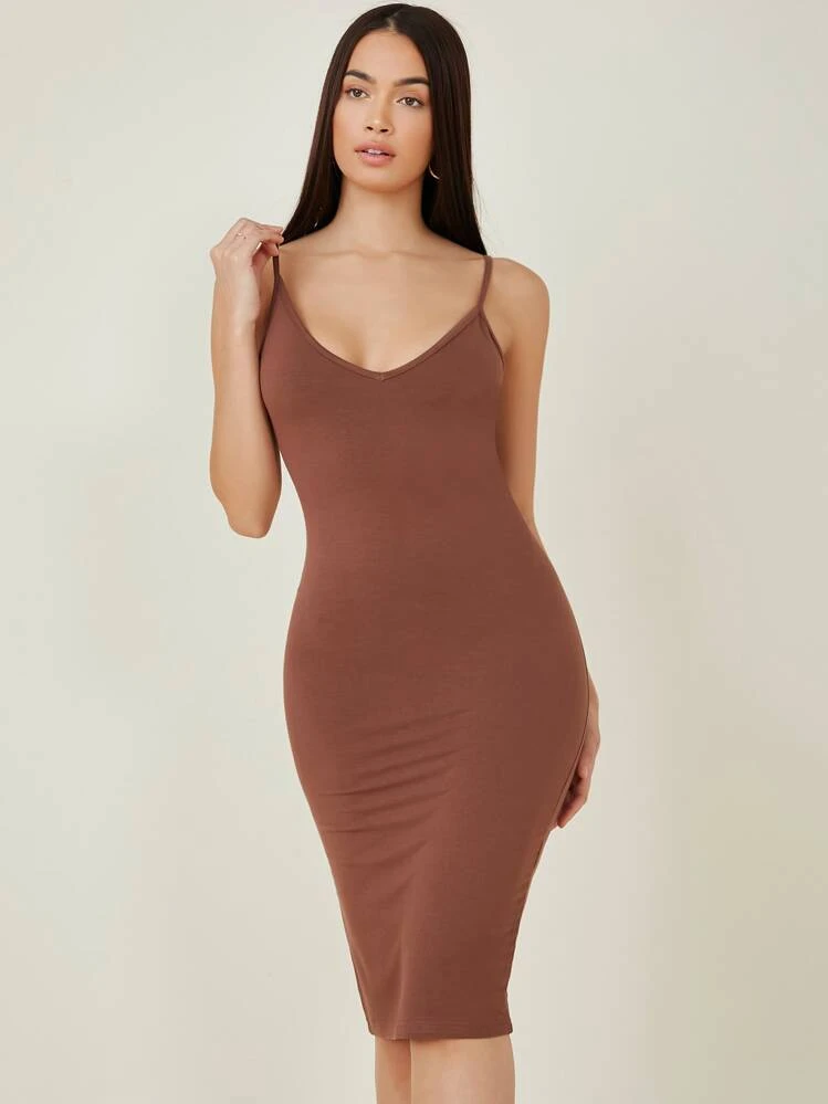 shein basics solid bodycon dress SHEIN BASICS Round Neck Solid Bodycon Dress,Tea Party Dress,Summer Dresses  For Women