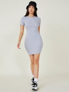 SHEIN BASICS Cotton Solid Bodycon Dress - Light Grey - View 3
