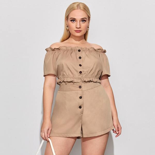 

Plus Frill Button Front Top With Shorts, Khaki